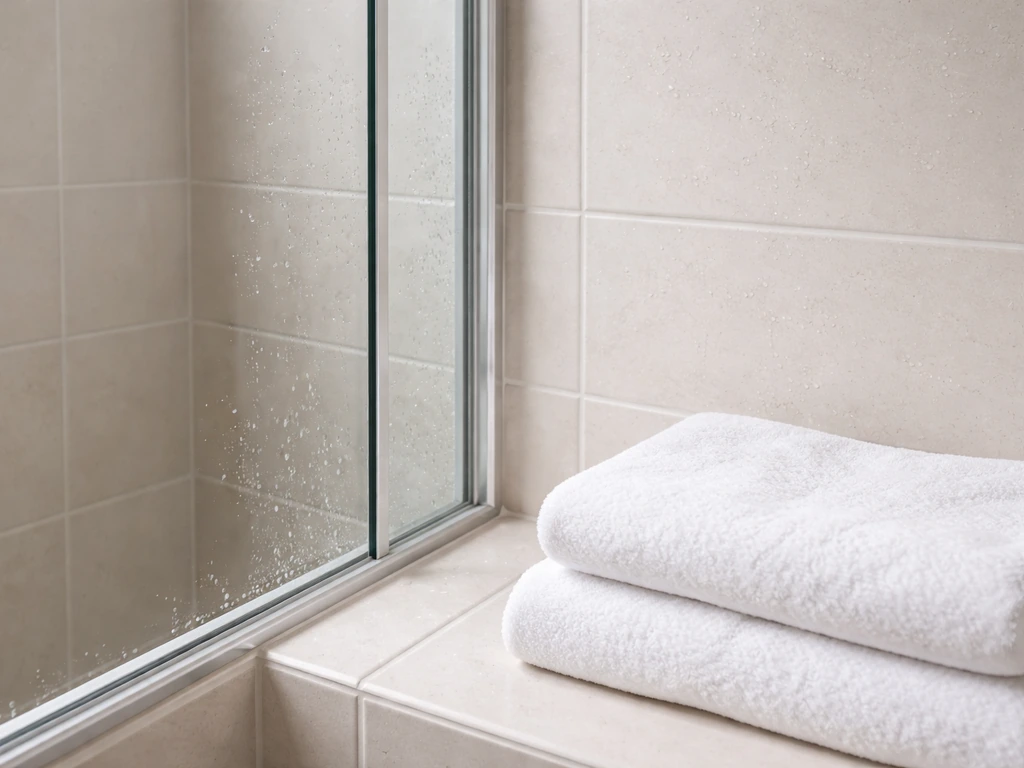 Close-up of a spotless shower corner with clean grout lines and fresh, folded white towels