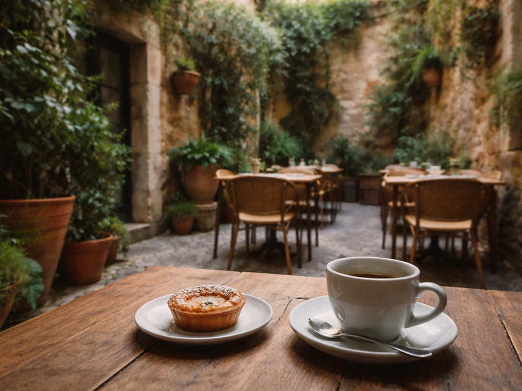 Warm leafy courtyard patio with tables set for a quiet breakfast ambiance in Lisbon