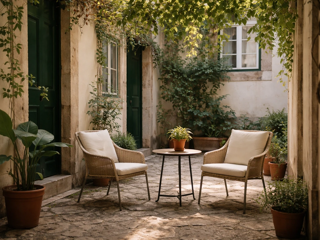 Leafy courtyard patio with two chairs facing each other, soft light, quiet intimate communal vibe.