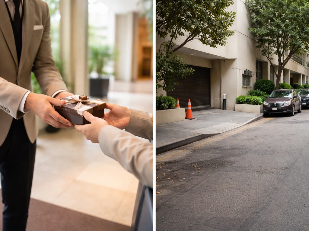 Split photo showing warm hotel staff service vibe vs no on-site parking—street parking nearby instead.