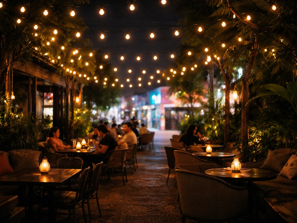 Nighttime view of Wynwood patio with warm string lights and a lively crowd atmosphere