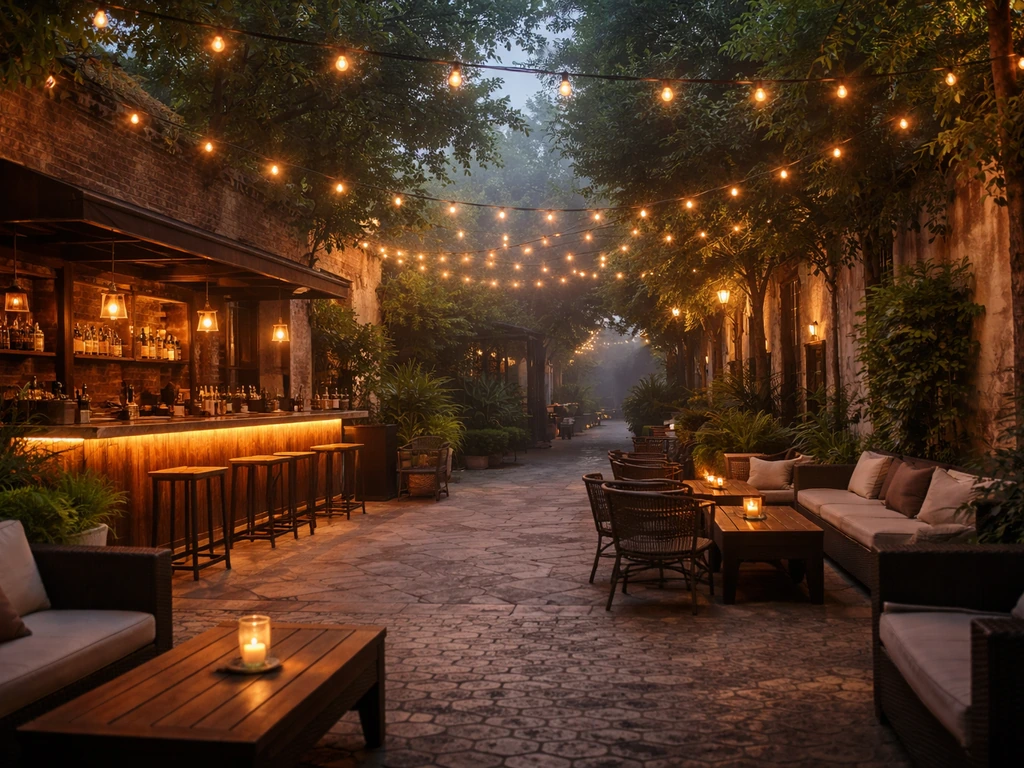 Evening view of an enclosed-but-open outdoor courtyard patio with warm lights and empty seating