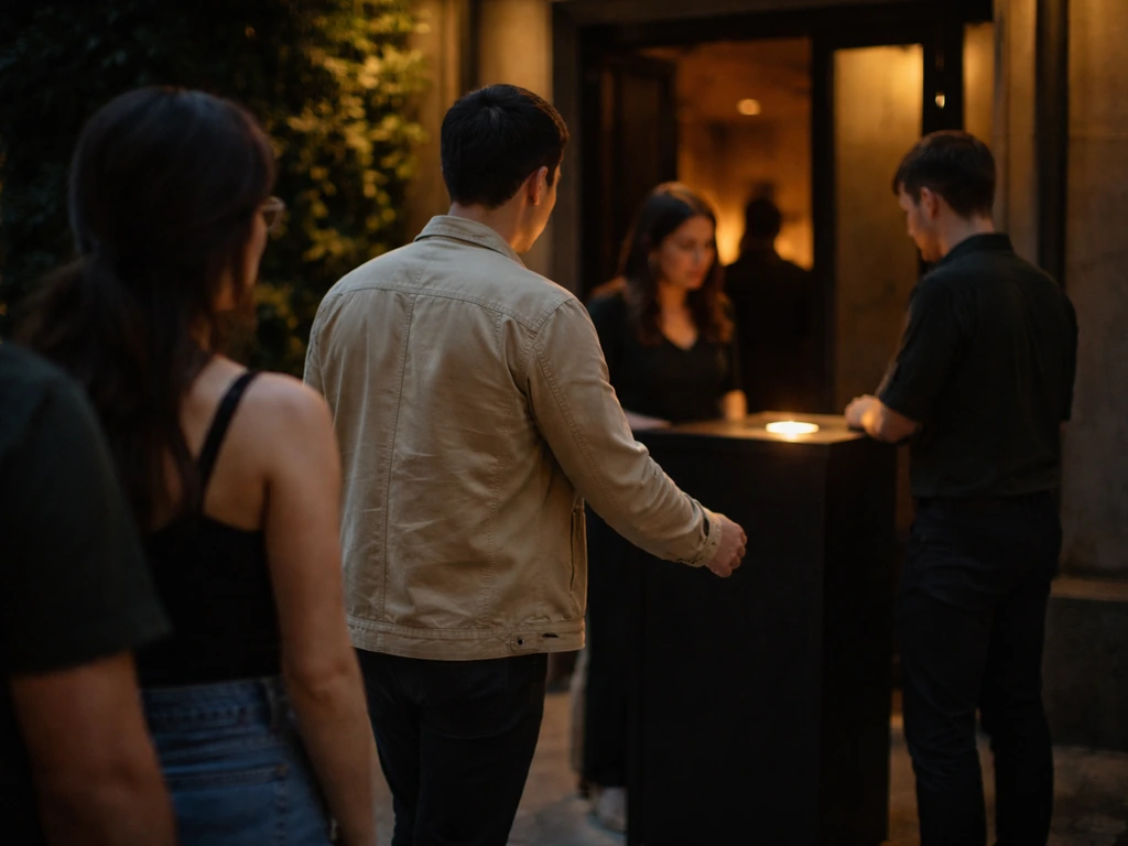 Anonymous guest waits in a short line at a nightlife venue host stand near the entrance.