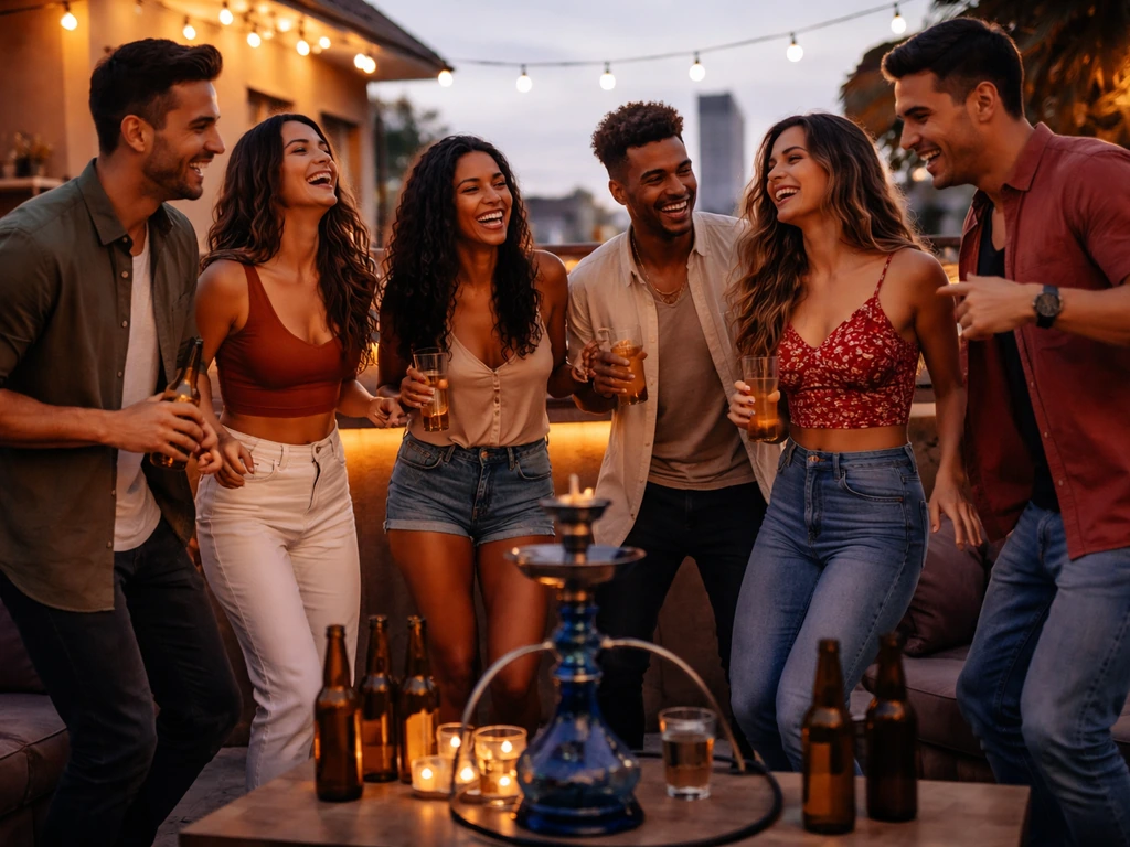 Friends enjoying a warm rooftop patio nightlife vibe with drinks and hookah in the background.