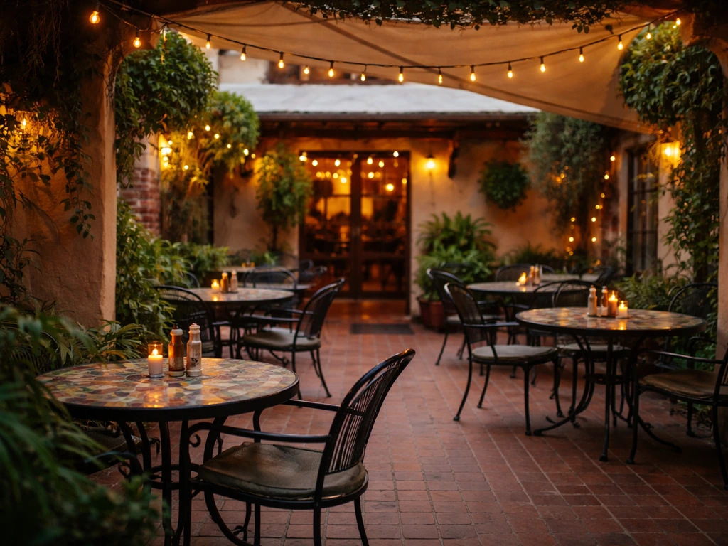 Warm-lit Tex-Mex patio dining area with shaded seating and inviting entry ambiance