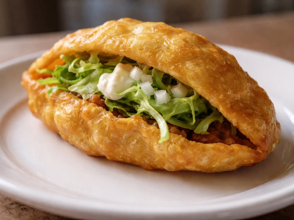 Close-up of a puffy taco on a simple plate with crisp golden texture and fresh toppings.