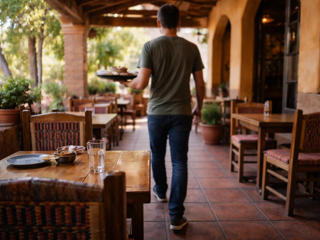 Anonymous server carrying a tray past a quiet table, showing a casual restaurant service and wait moment.