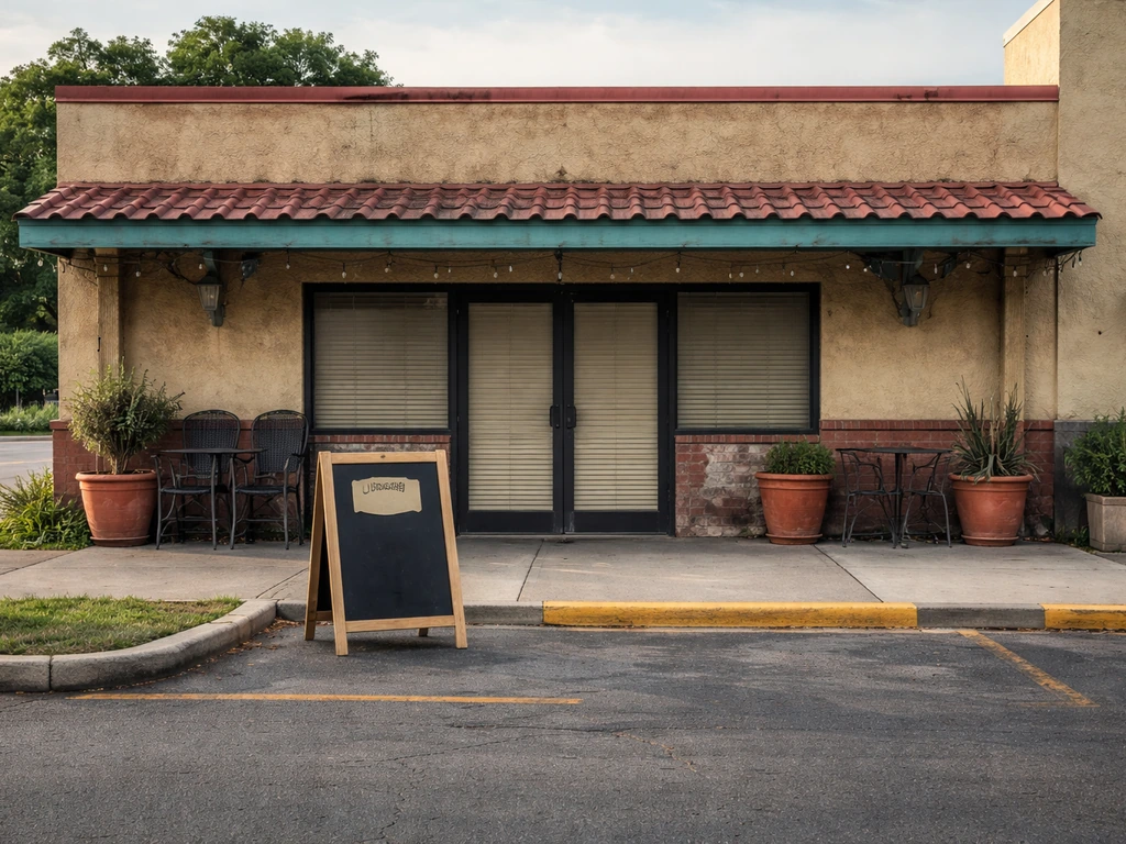 Quiet roadside storefront with a temporary closed-style sign conceptually indicating the cafe is shut.