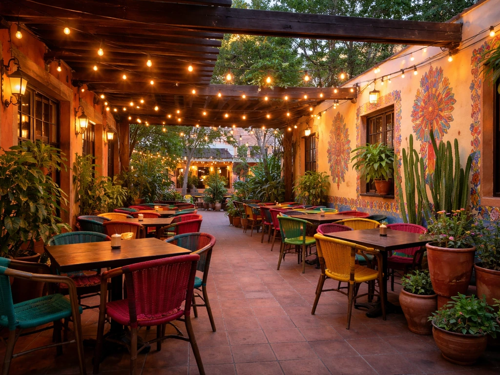Bright outdoor Mexican restaurant patio with colorful decor, potted plants, and fairy lights at dusk.