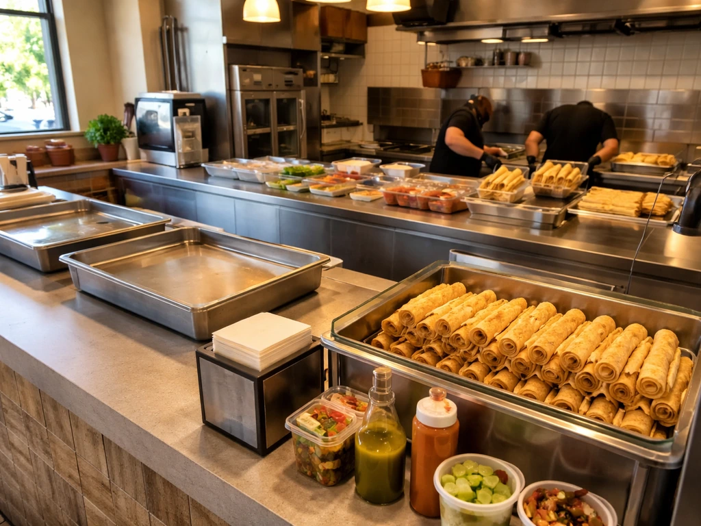 Bright Mexican restaurant counter with menu board, ordering area, and rolled tacos on display