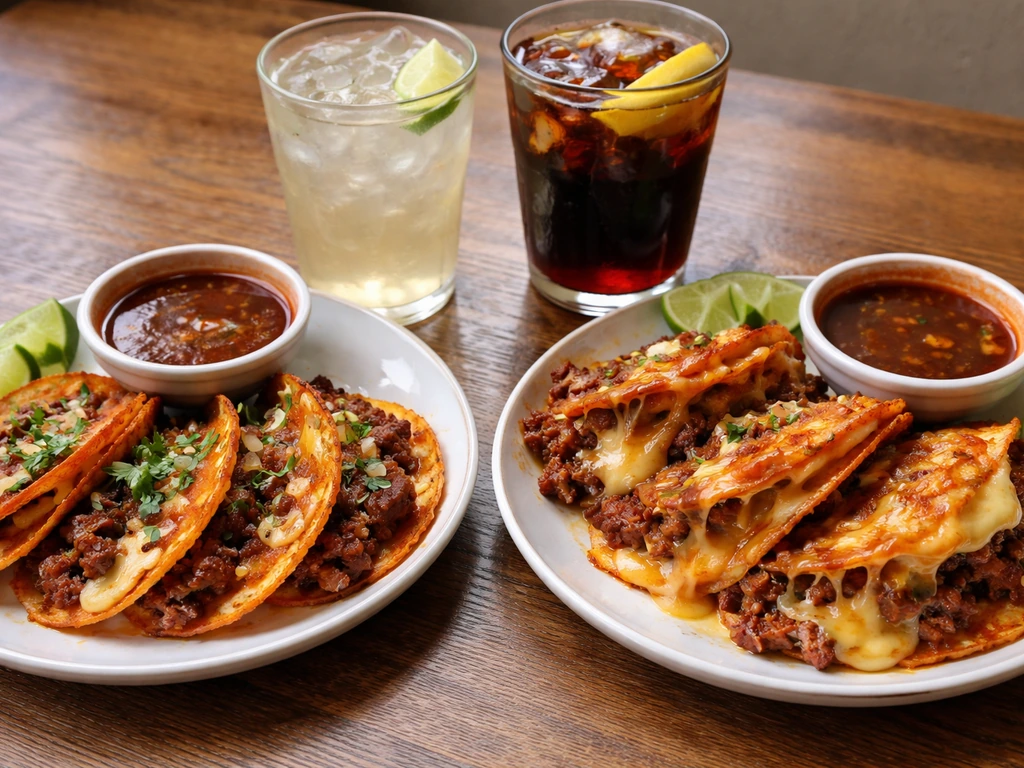 Three birria rojo cheesy tacos and a con queso plate with two iced drinks on a wooden table.