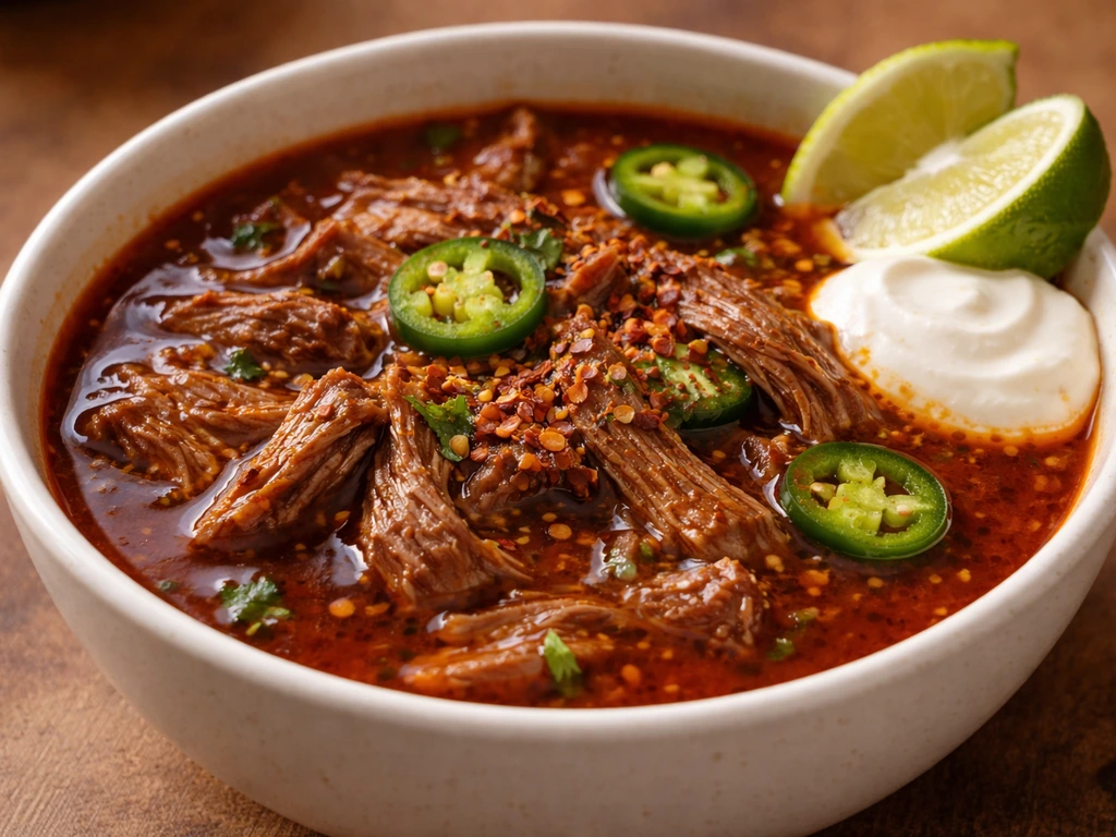 Close-up birria bowl with chili garnish and lime/crema on the side for heat versus cooling contrast.