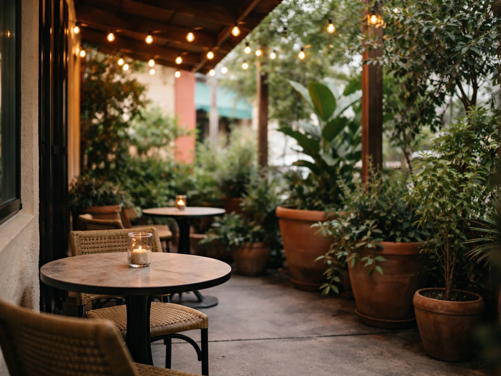 Cozy small patio with potted plants and warm fairy lights from a customer viewpoint