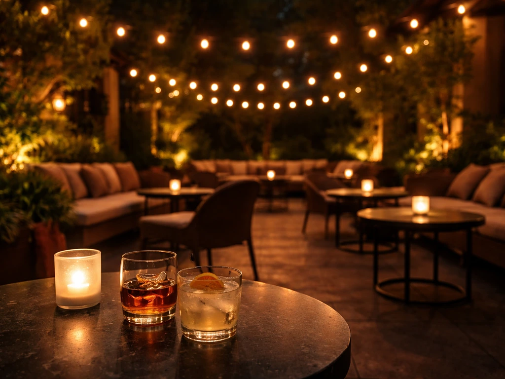 Warm-lit outdoor patio lounge tables with drinks and string lights, laid-back social nightlife vibe.