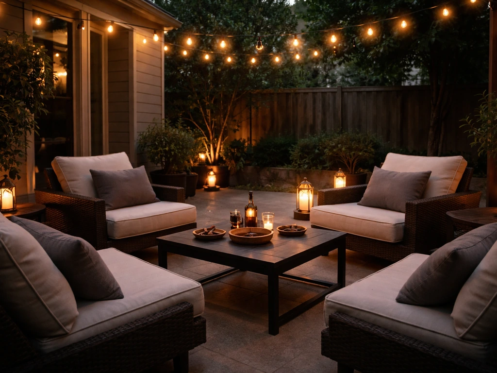 Warmly lit open-air patio lounge seating with soft string lights and a cozy cigar lounge atmosphere.