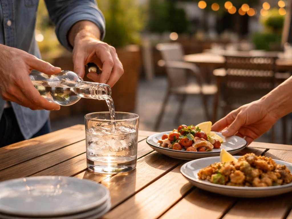 Bartender pours drinks on a patio table while plates are set down for guests