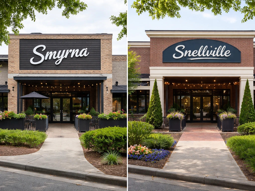Two separate Atlanta-area venue exteriors showing different entrances for Smyrna and Snellville locations.