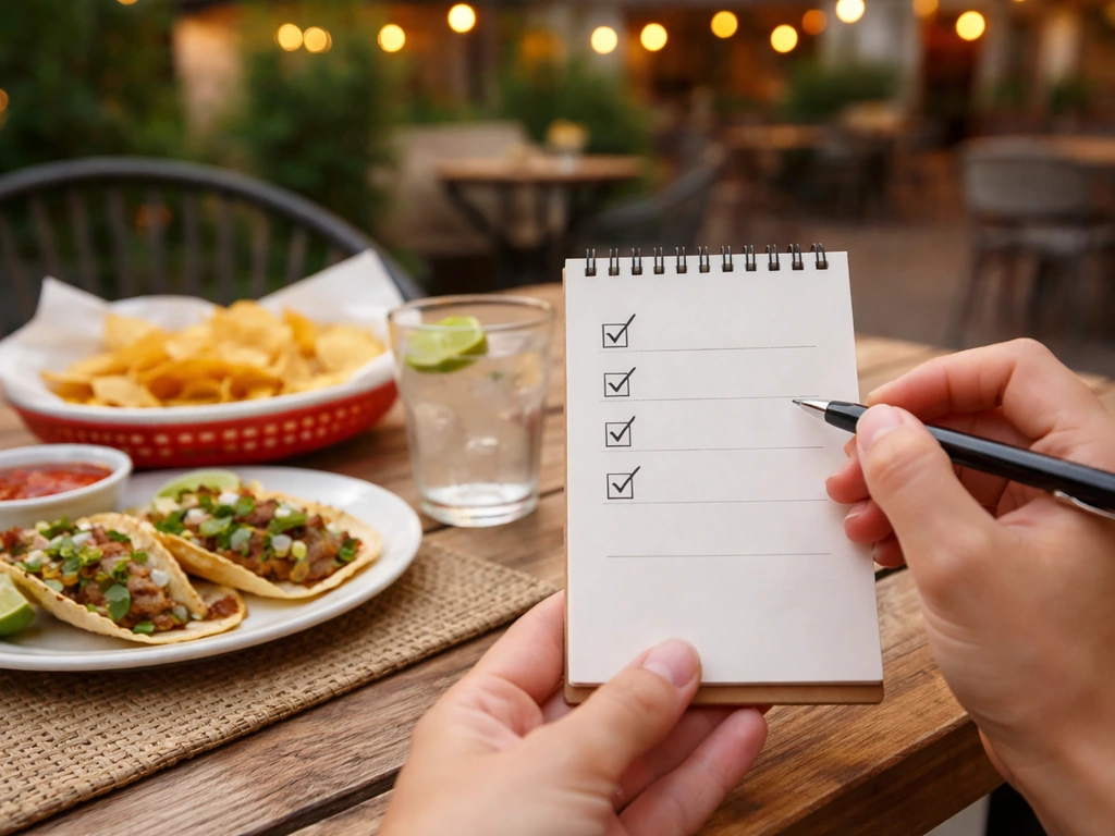 Minimal close-up of a hand holding a notepad near a Tex-Mex patio table with tacos, drinks, and check marks.