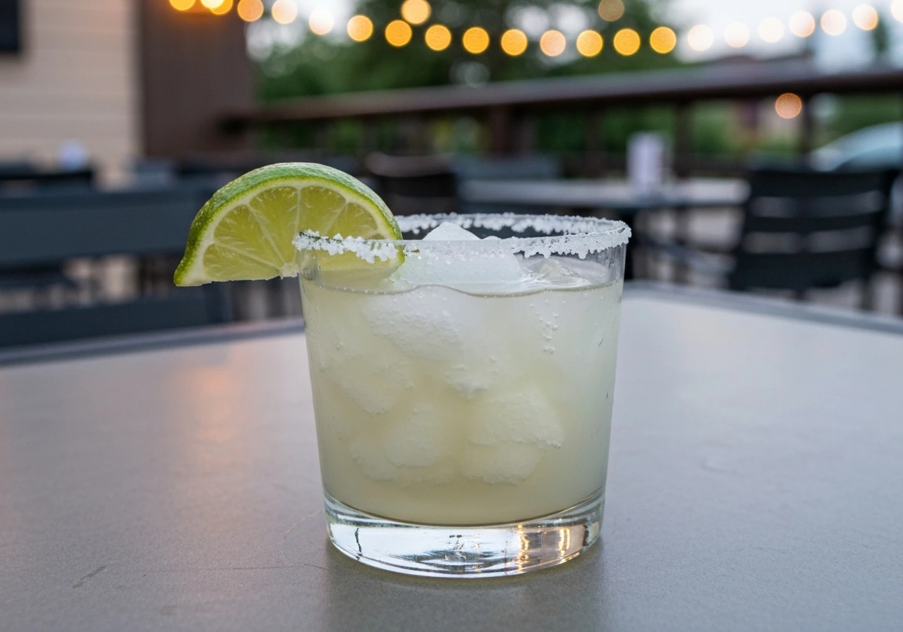 Close-up of a frosty frozen margarita with lime garnish on a patio table, ice texture visible.