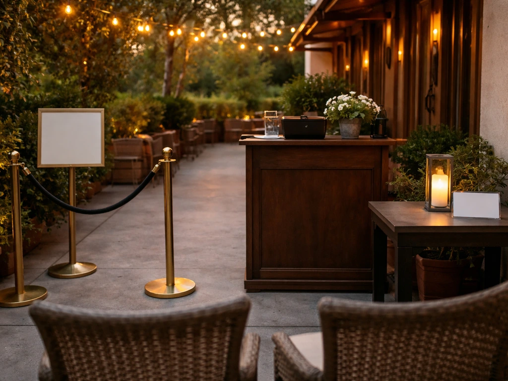 Empty patio entrance with host stand cues, stanchions, and warm lights suggesting reservation check-in.