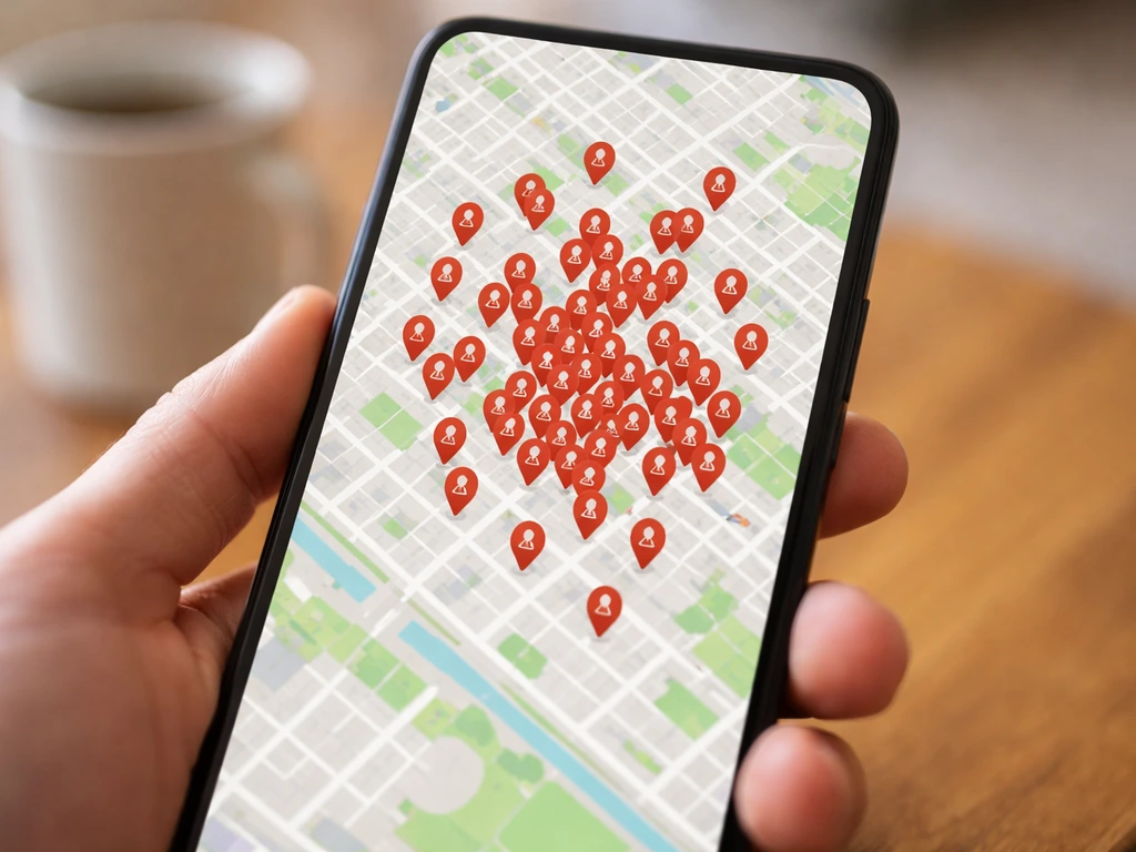Minimal map-style view showing multiple similarly named patio cafe pins side-by-side to choose the right listing.