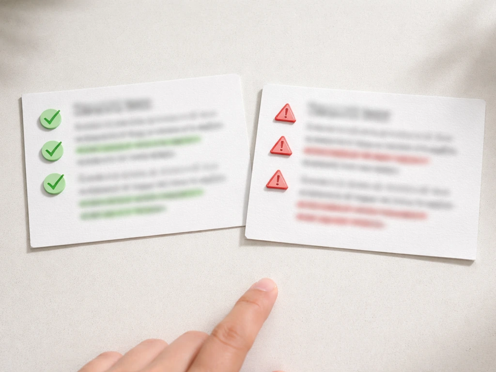 Minimal side-by-side view of two review-text cards, highlighting green and red flag patterns without readable text.