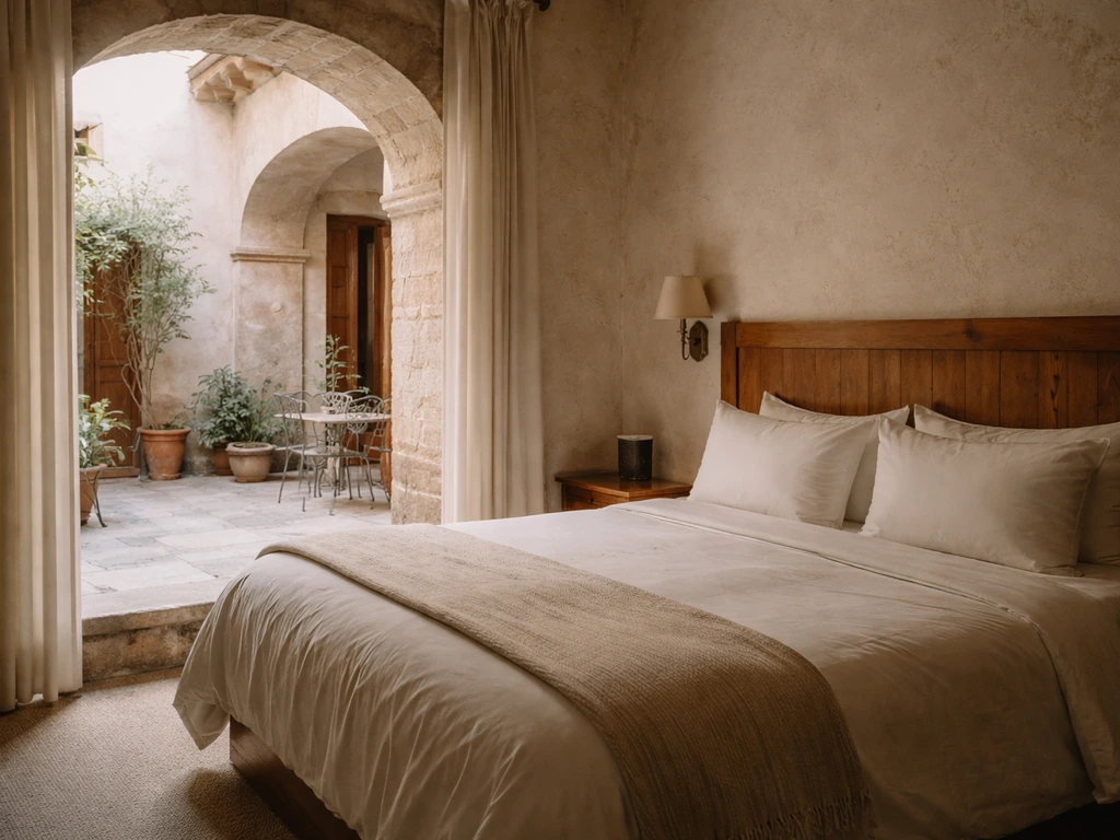 Cozy colonial-style hotel room with a view toward a quiet sunlit interior patio.