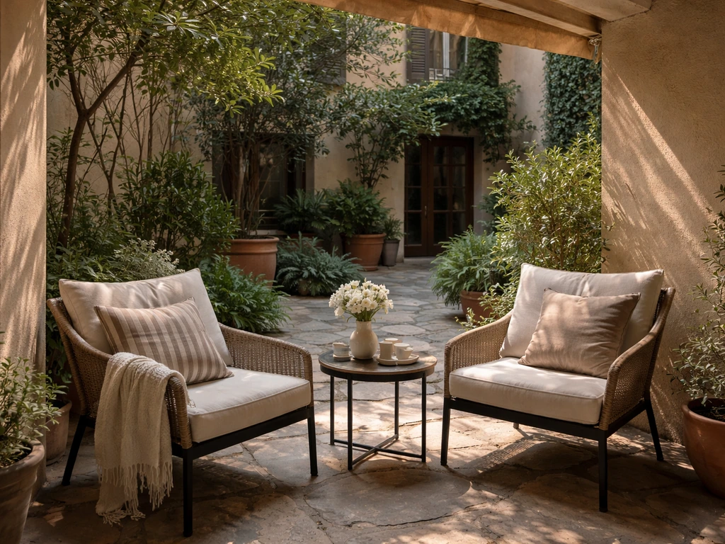 Cozy shaded patio seating setup in a courtyard garden with chairs, a small table, and plants.