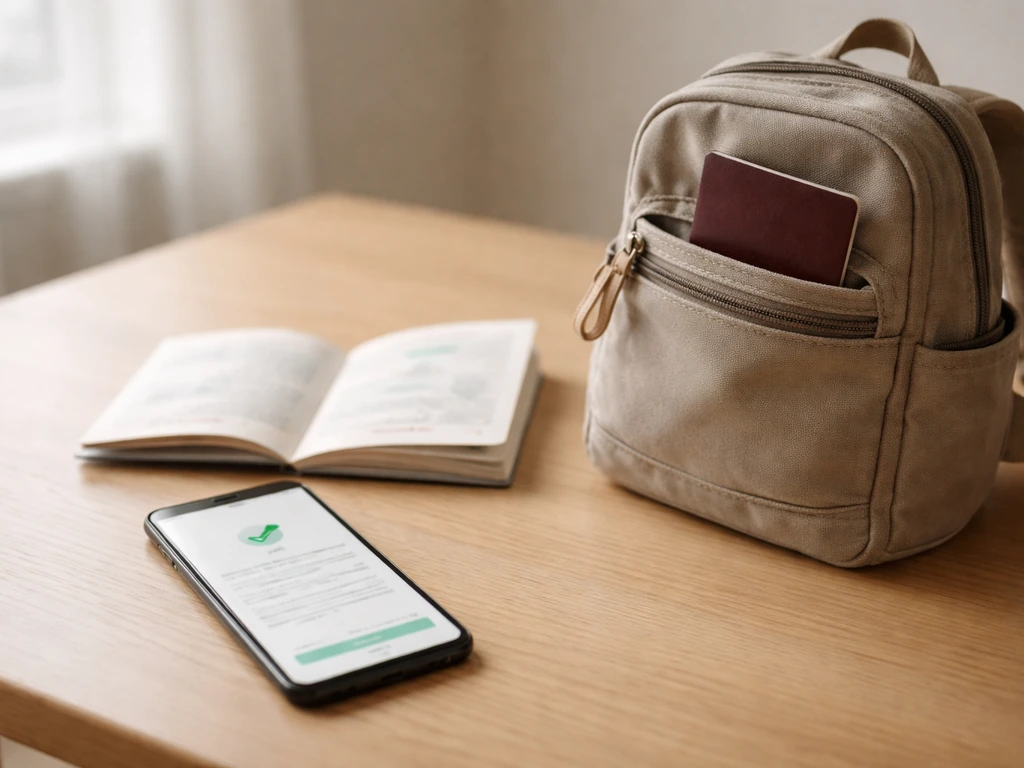 Phone with hotel booking confirmation beside passport and small travel backpack on a tidy table.