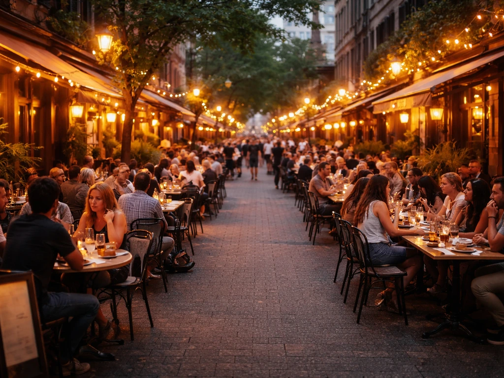 Overhead view of a vibrant city patio district street with warm-lit restaurant patios and diners