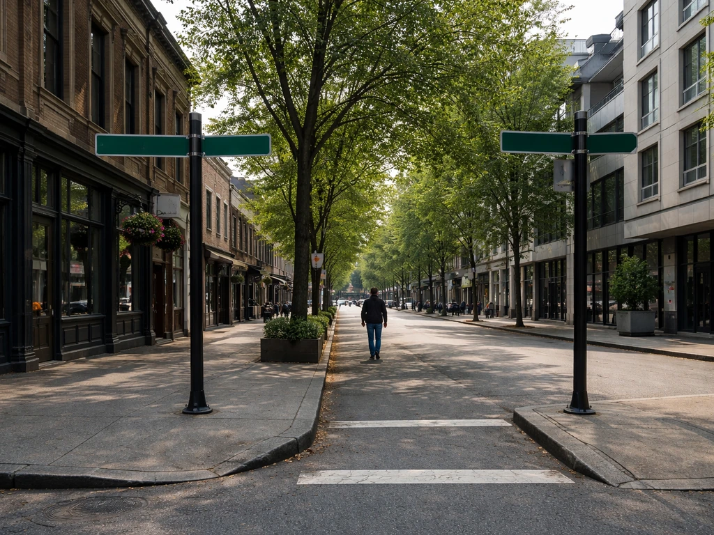Calm Vancouver street with a couple of street signs and a subtle boundary-like sense of area