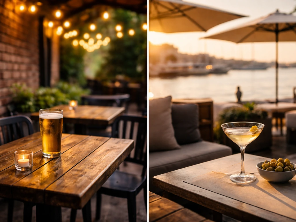 Split-view of a cozy pub patio and a waterfront cocktail patio with drinks and soft lights.