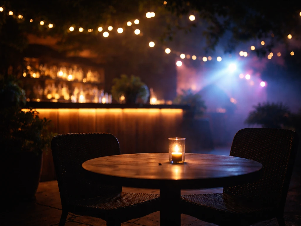 Late-evening patio outside a Gastown-style bar, darker ambiance, glowing bar lights in the background.