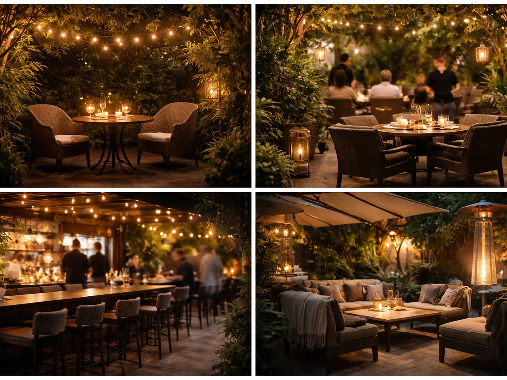 Four minimal patio corners showing quiet date-night, group dining, drinks-first bar, and shaded/heater comfort.