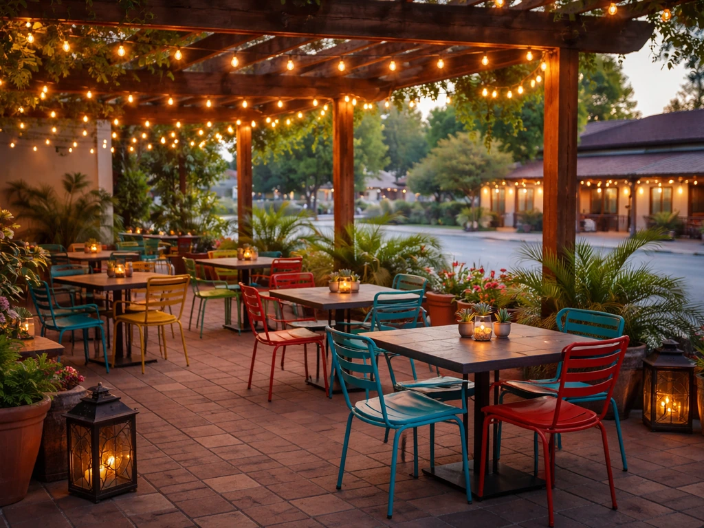 Warm evening view of a Mexican restaurant patio with shaded seating and string lights, no people.