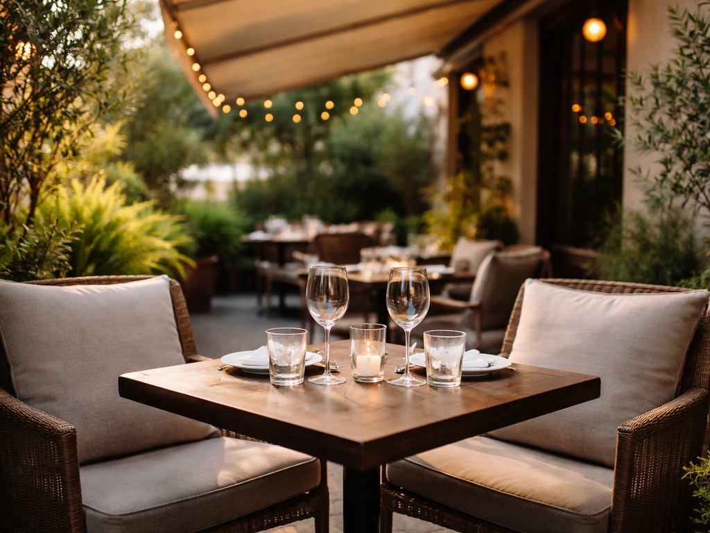 Cozy outdoor patio dining with shaded awning, cushioned chairs, warm light, and potted greenery.