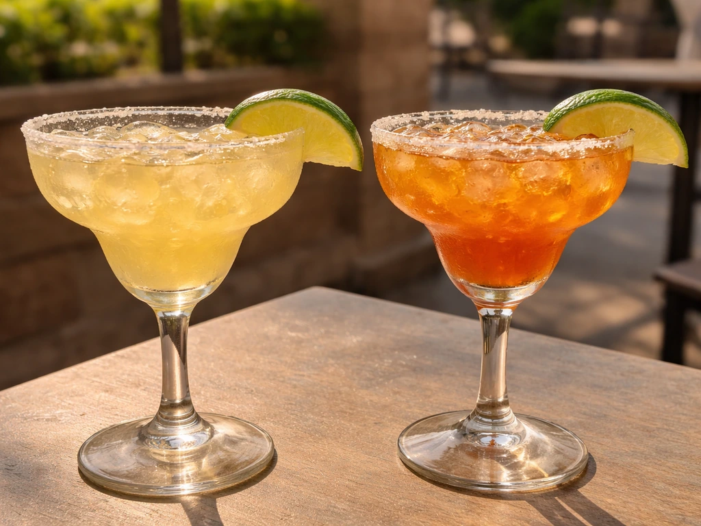 Two margarita glasses on a sunlit patio table during daily happy hour.