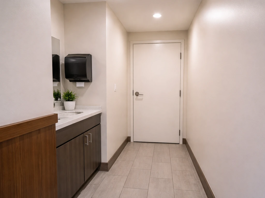 Well-lit restroom entrance with a clean, tidy hallway and neatly closed door, suggesting upkeep and value