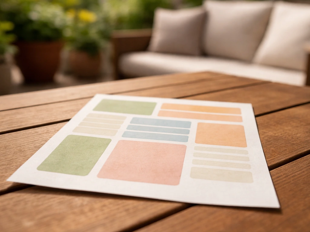 Close-up de um guia de opções de patio em uma mesa, com luz natural e fundo desfocado