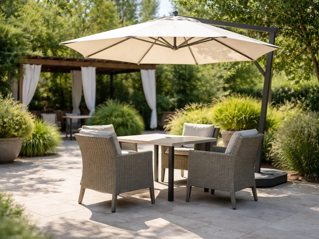 Outdoor patio seating with visible umbrella shade and comfortable spacing between tables.