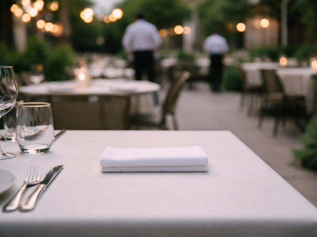 Clean patio table with a folded napkin, calm background staff movement, and quiet, comfortable ambiance.