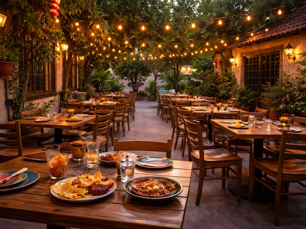 Wide view of a warm outdoor Mexican restaurant patio with inviting seating and neighborhood evening ambiance.