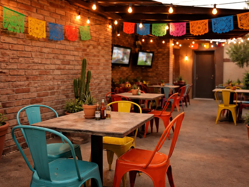 Cozy Mexican restaurant patio with string lights, colorful decor, and neatly set seating on a brick wall.