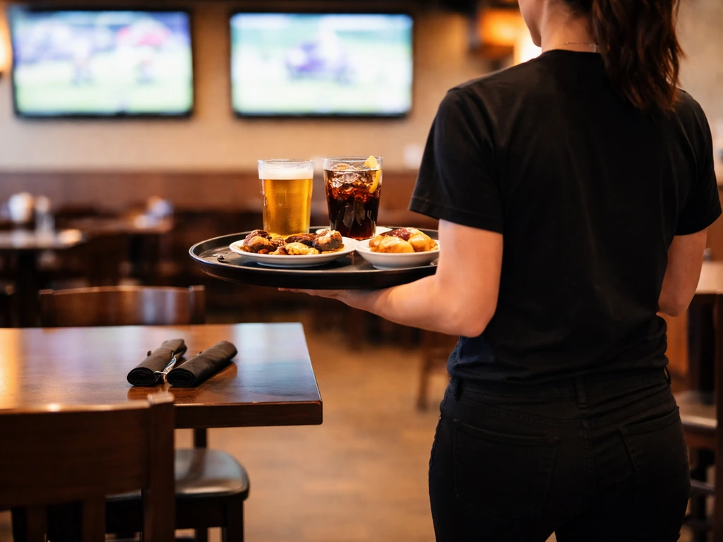 Anonymous server delivering drinks and plates to a table in a sports bar with TVs in the background.