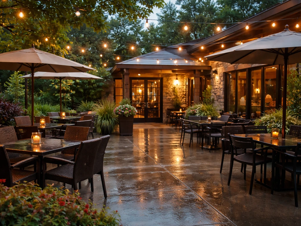 Warm, shaded patio exterior in Orland Park with outdoor seating and string lights glowing at dusk.