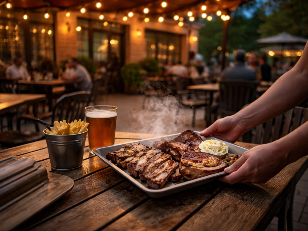 Welcoming outdoor BBQ patio with tables and a plate of smoked food being served.