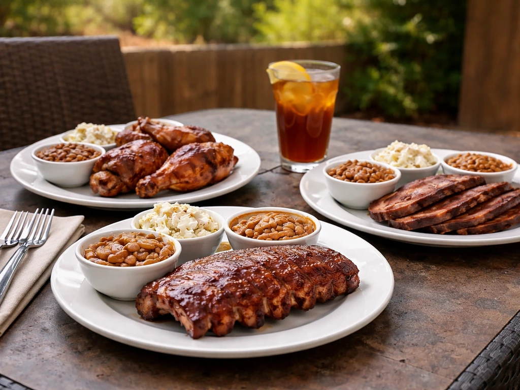 BBQ plates of baby back ribs, rotisserie chicken, and brisket/pulled pork with simple sides on a patio table
