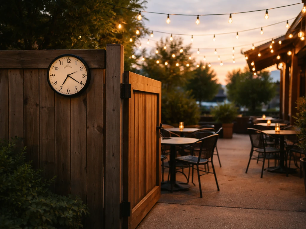 Warm-lit restaurant patio entrance with an analog clock near 5:30, suggesting an early evening arrival.