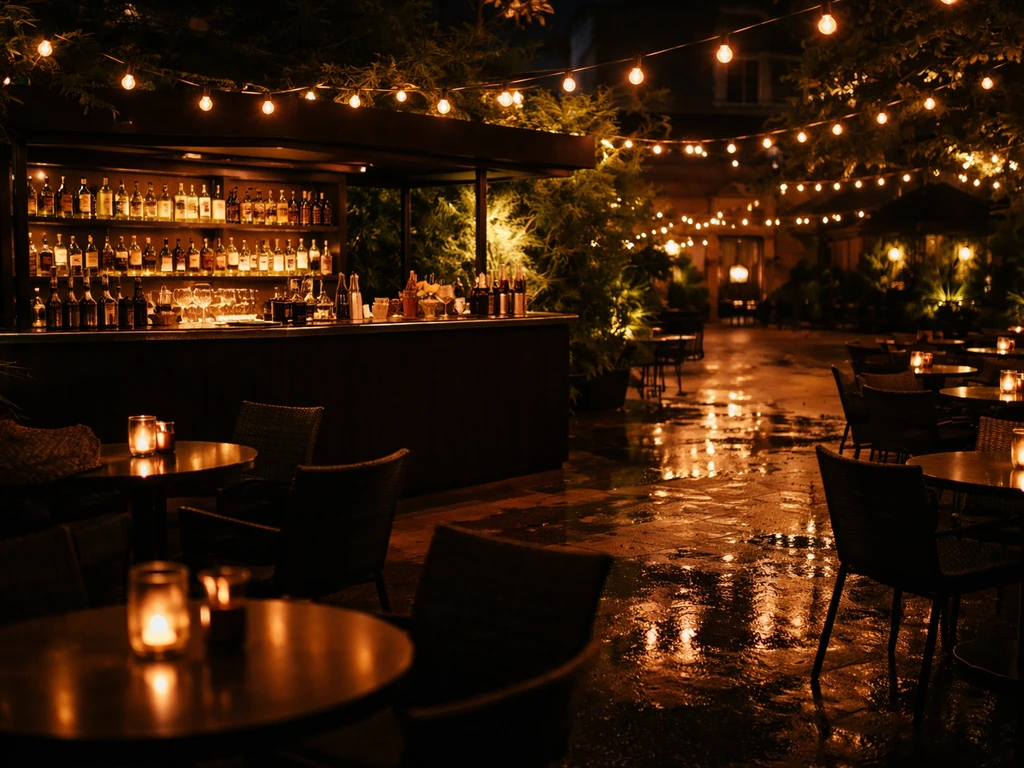 Warmly lit patio nightclub bar with outdoor seating, bottles visible, suggesting a great nightspot choice.