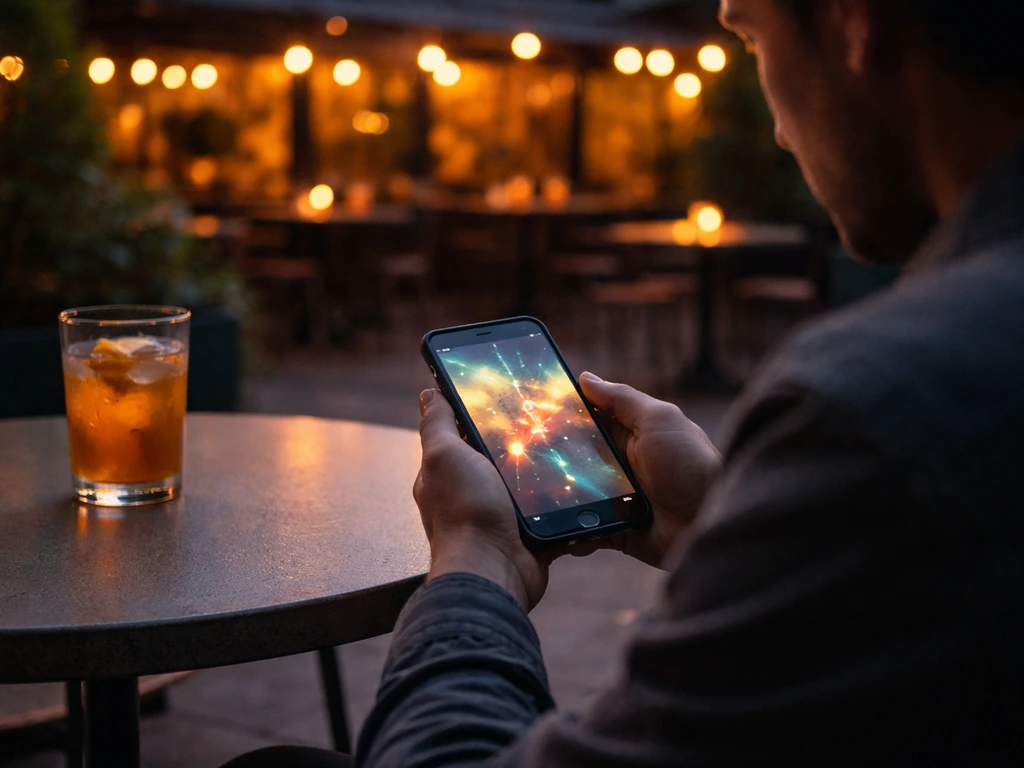 Person on a patio at dusk using a smartphone to choose nearby nightclub options by neighborhood